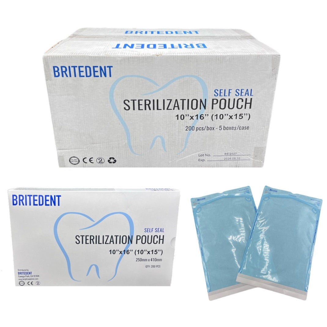 BRITEDENT Self Seal Sterilization Autoclave Pouches: Blue, 10 x 16, 1000/Bx BSI-1610-5. Self-sealing for secure closure, see-through with internal & external indicators. Elevate dental instrument sterilization with BRITEDENT pouches in a bulk pack.