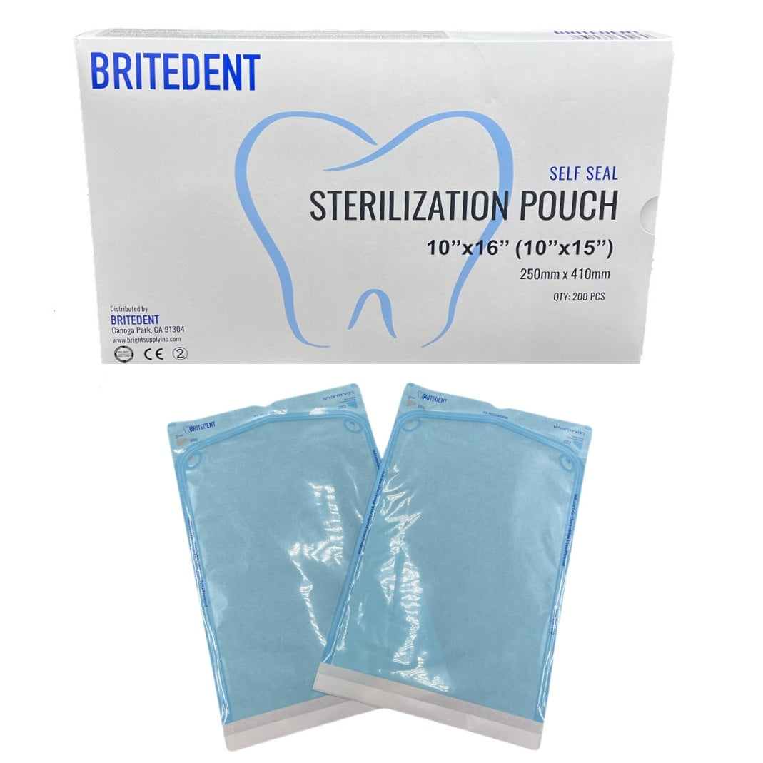 BRITEDENT Self Seal Sterilization Autoclave Pouches: Blue, 10 x 16, 200/Bx BSI-1610. Self-sealing for secure closure, see-through with internal & external indicators. Elevate dental instrument sterilization with BRITEDENT pouches.