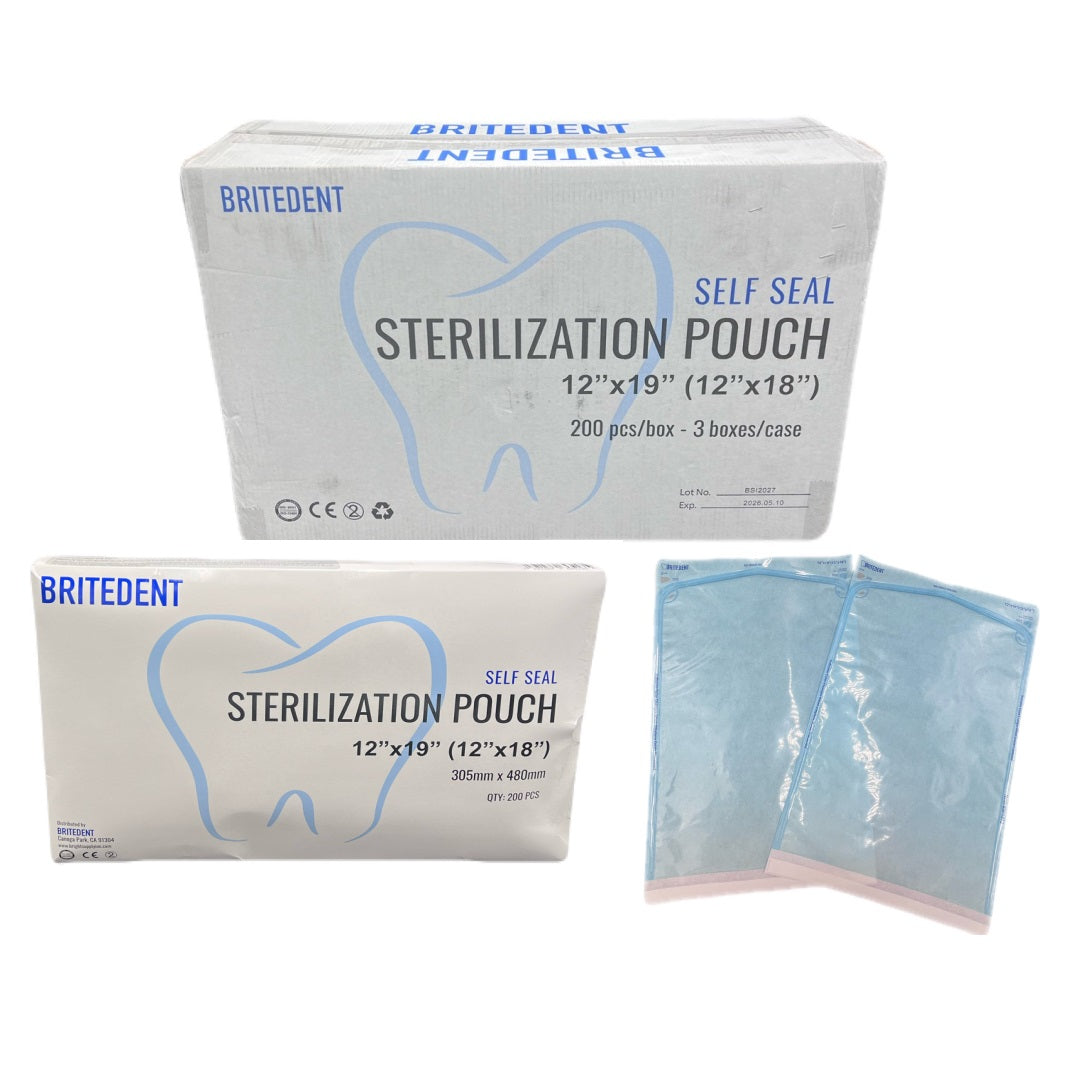 BRITEDENT Self Seal Sterilization Autoclave Pouches 12 x 19 Blue 600/Bx BSI-1912-3 - Efficient Sterilization for Dental Instruments