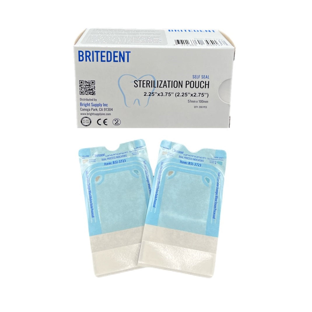 BRITEDENT Self Seal Sterilization Autoclave Pouches: Blue, 2.25 x 3.75, 200/Bx BSI-3723. Self-sealing for secure closure, see-through with internal & external indicators. Elevate dental instrument sterilization with BRITEDENT pouches.