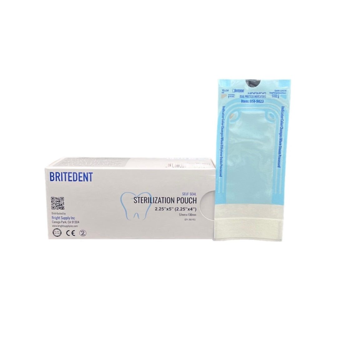 BRITEDENT Self Seal Sterilization Pouches 2.25 x 5 (2.25 x 4), 200/Bx - Autoclave Dental & Medical Sterilization Pouches with Color Changing Indicator. Keep dental instruments sanitized for staff and patient safety.