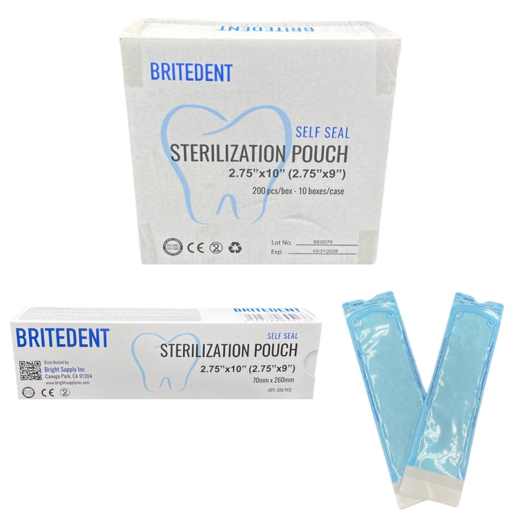 BRITEDENT Self Seal Sterilization Autoclave Pouches: Blue, 2.75 x 10, 2000/Bx BSI-1027-10. Self-sealing for secure closure, see-through with internal & external indicators. Elevate dental instrument sterilization with BRITEDENT pouches.