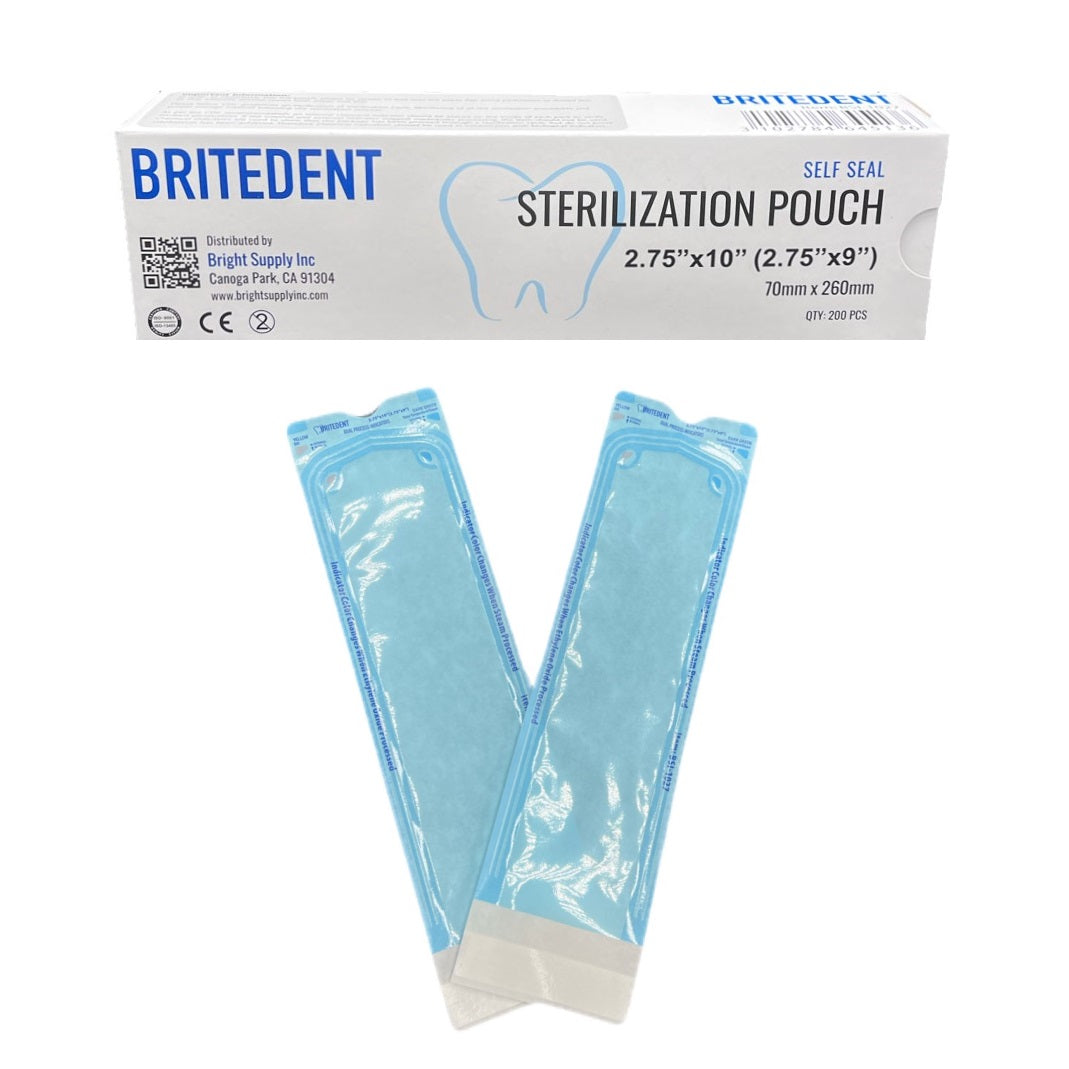 BRITEDENT Self Seal Sterilization Autoclave Pouches: Blue, 2.75 x 10, 200/Bx BSI-1027. Self-sealing for secure closure, see-through with internal & external indicators. Elevate dental instrument sterilization with BRITEDENT pouches.