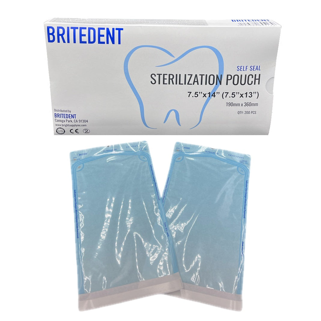 BRITEDENT Self Seal Sterilization Autoclave Pouches: Blue, 7.5 x 14, 200/Bx BSI-1475. Self-sealing for secure closure, disposable for convenience. Elevate dental instrument sterilization with BRITEDENT pouches.