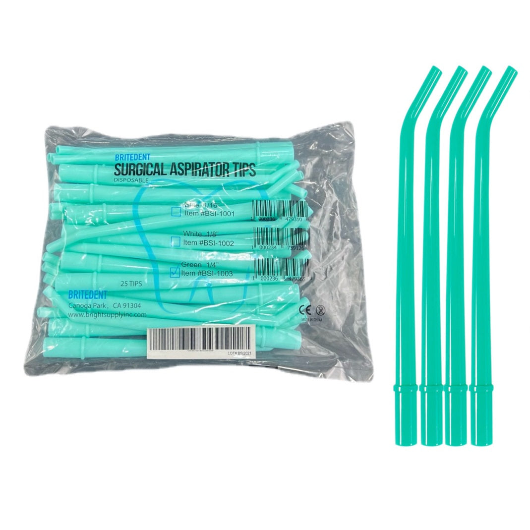 Elevate dental suction with BRITEDENT Surgical Aspirator Tips. Large Green size 1/4, 25/Pk BSI-1003, disposable, latex-free, and autoclavable. Molded at a 30-degree angle for easy reach, fits 11mm suction holders. Essential for efficient and hygienic dental procedures.