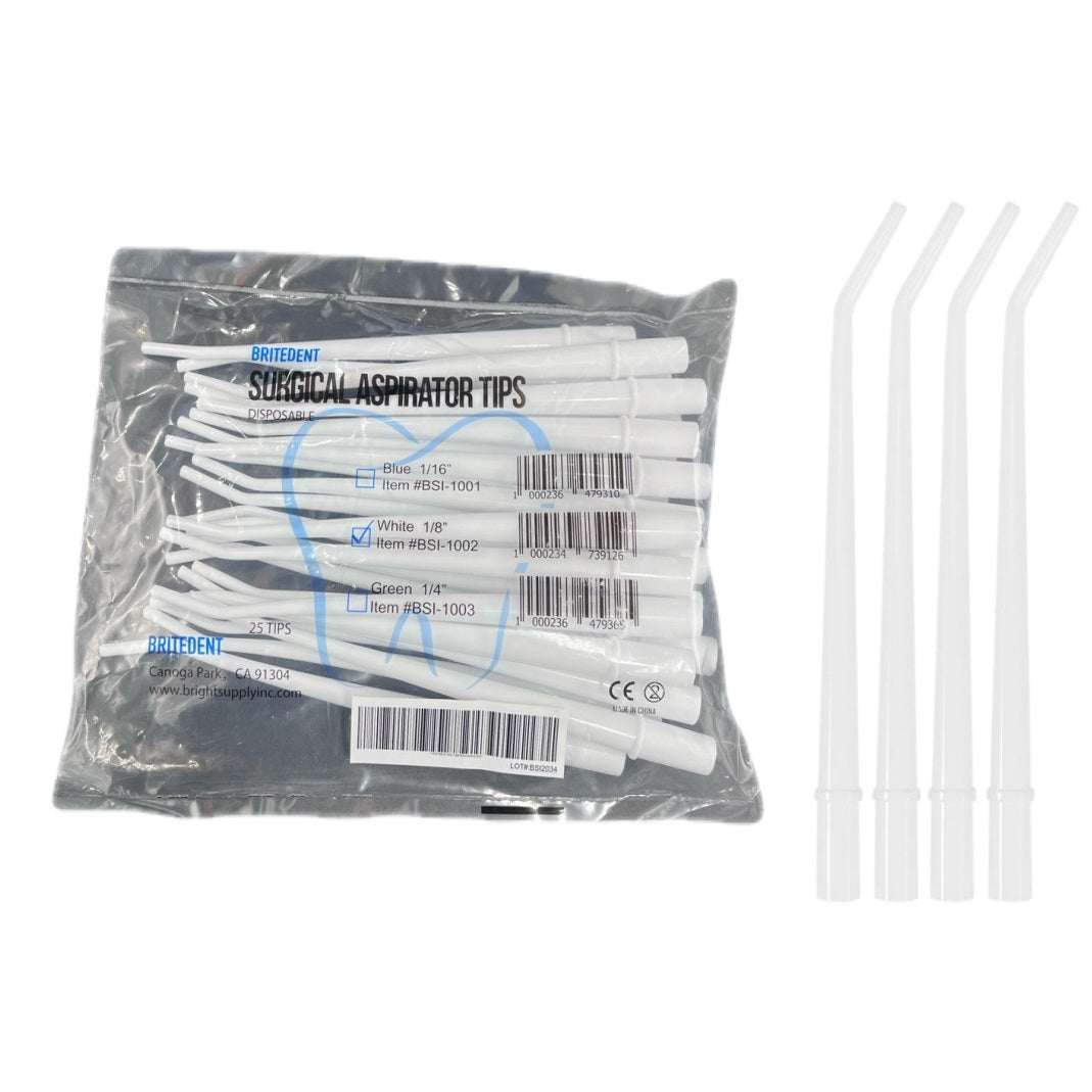 Elevate dental suction with BRITEDENT Surgical Aspirator Tips. Medium White size, 25/Pk BSI-1002, disposable, latex-free, autoclavable, and molded at a 30-degree angle for easy reach. Ideal for efficient and hygienic dental procedures, fitting 11mm suction holders.