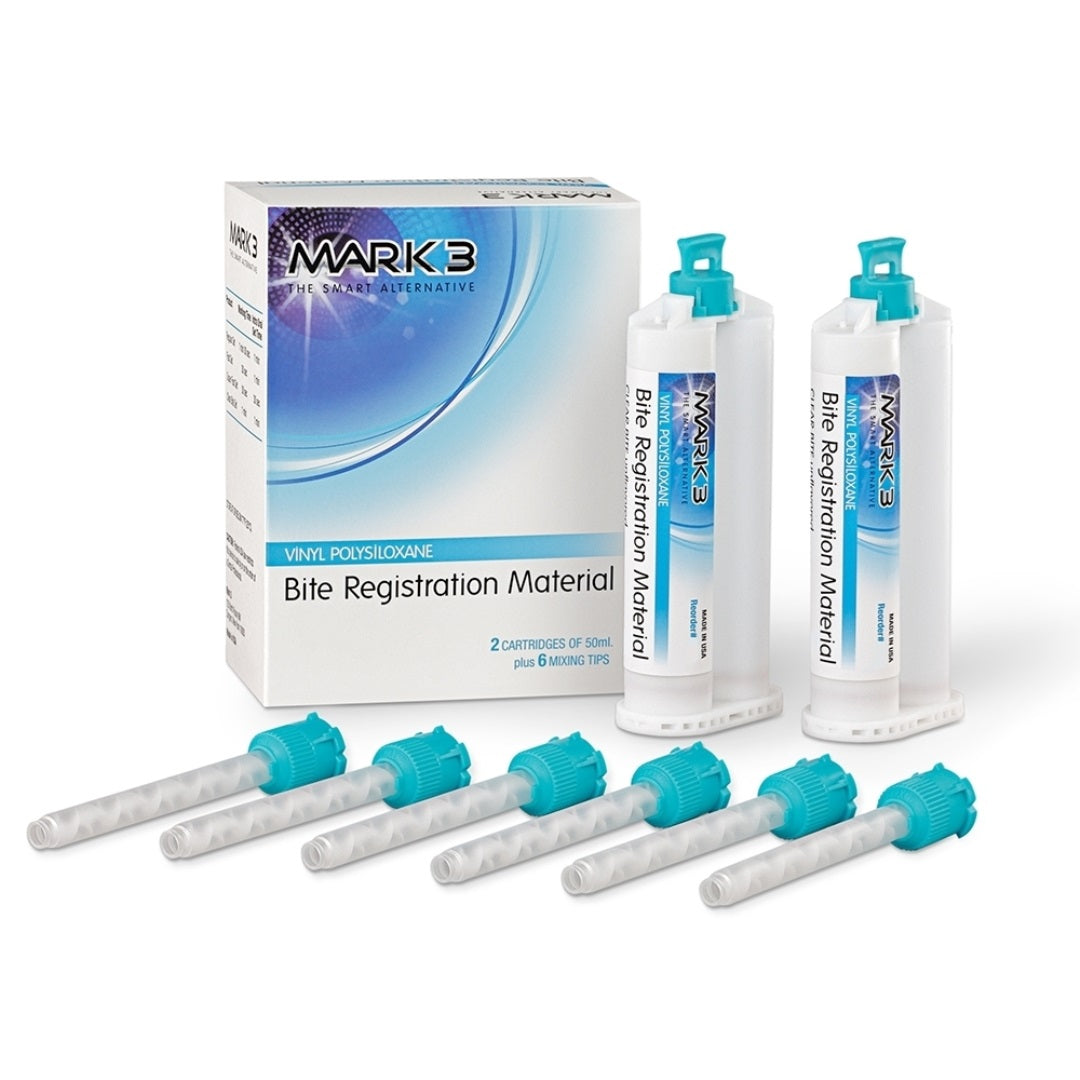 MARK3 Bite Registration Fast Set VPS Impression Material Cartridges 2/Pk 0219. Dental bite registration material for accurate impressions. Fast set, mousse-like consistency for patient comfort. Includes 2 cartridges and 6 mixing tips. Suitable for digital impressions and conventional bite registrations.