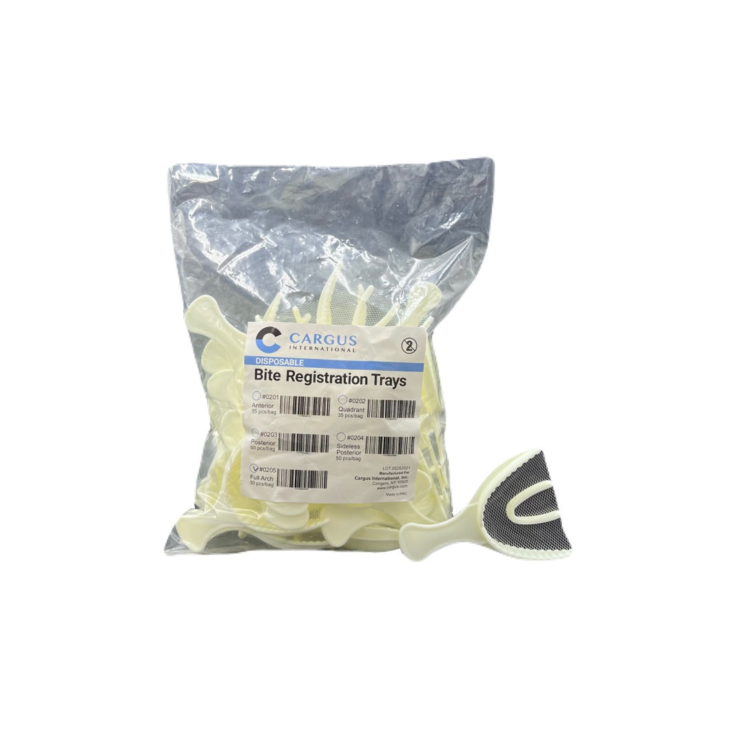 Disposable Bite Registration Trays Full Arch 30/Pk - Cargus. White bone color, thin mesh, and rigid frame for precise dental impressions. Ideal for dental procedures. Single-use for hygiene. #DentalSupplies #DisposableTrays #BiteRegistration