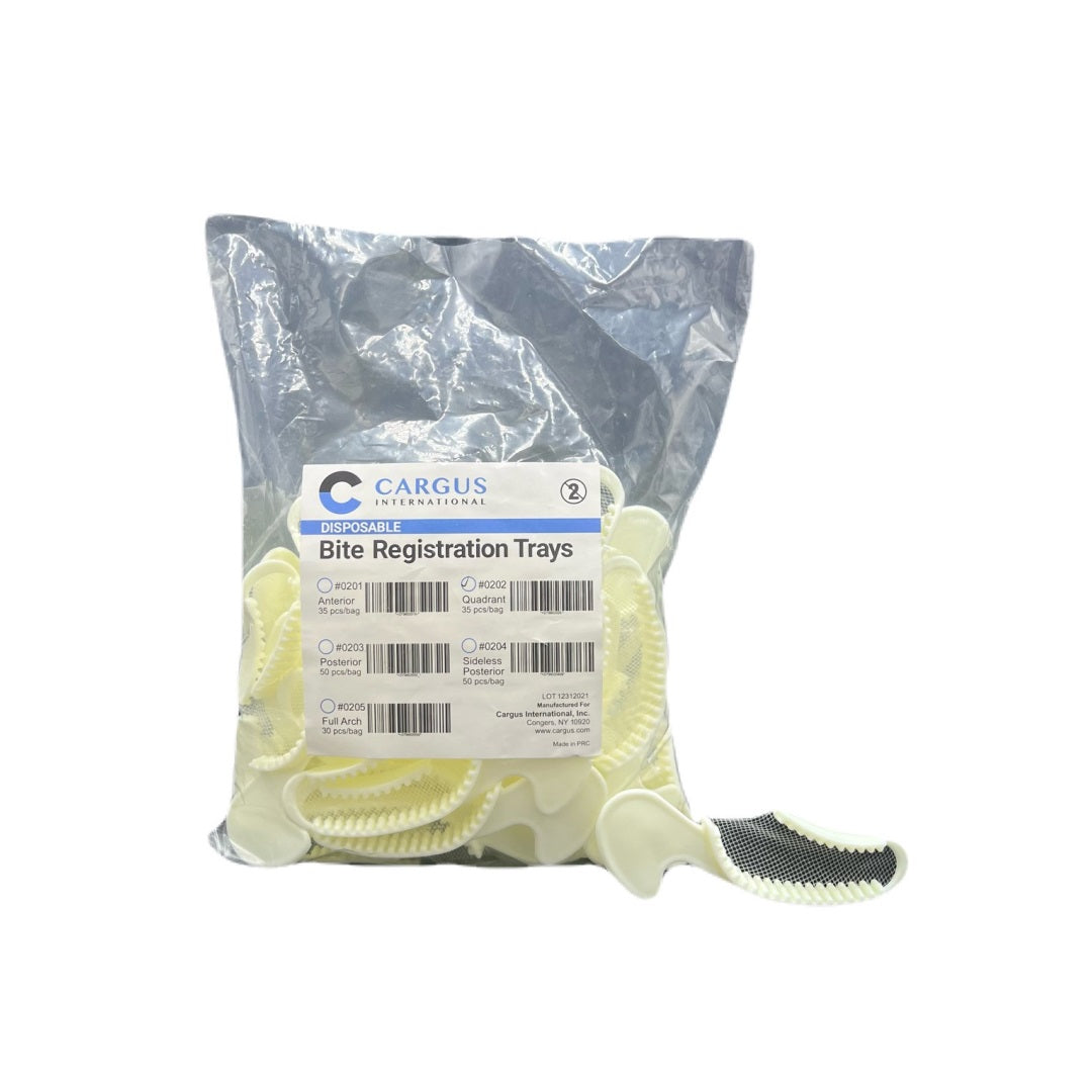 Shop Cargus Disposable Bite Registration Trays Quadrant 35/Pk 0202 for precise dental impressions. White color, thin mesh, rigid frame. Order now!