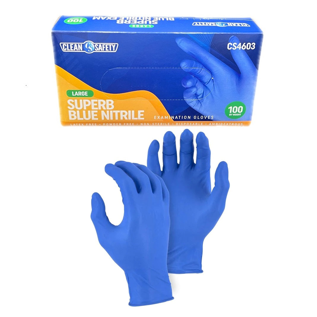 Clean Safety Superb Nitrile Examination Gloves - Blue, Large, Latex-Free, Powder-Free, 4 Mil Thickness - 100/Bx CS4603