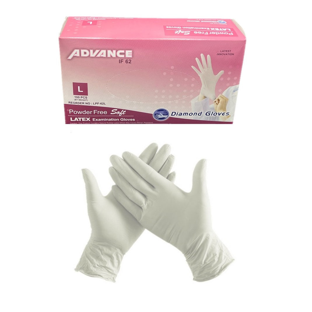 Enhance protection with Diamond Gloves Advance IF-62 Disposable Latex Examination Gloves. Large size, 100/Bx LPF-62L, powder-free, soft, and white. Ambidextrous for versatile use, 5.5Mil thickness for effective shielding. Ideal for medical and dental professionals.