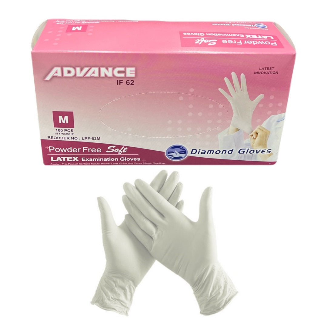 Elevate protection with Diamond Gloves Advance IF-62 Disposable Latex Examination Gloves. Medium size, 100/Bx LPF-62M, powder-free, soft, and white. Ambidextrous for versatile use, 5.5Mil thickness for effective shielding. Ideal for medical and dental professionals.