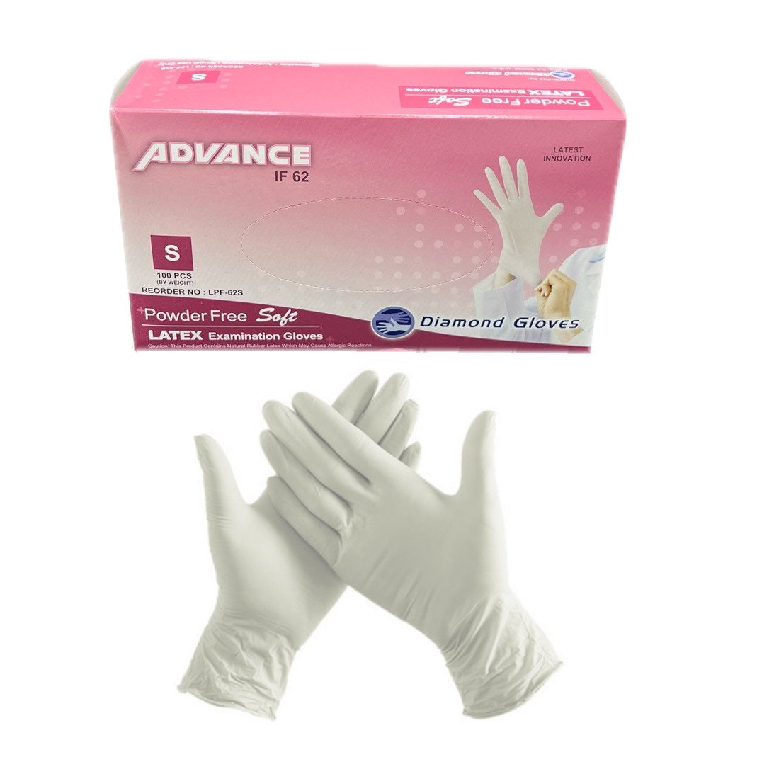 Elevate protection with Diamond Gloves Advance IF Disposable Latex Examination Gloves. Small size, 100/Bx LPF-62S, powder-free, soft, and white. Ambidextrous for versatile use, 5.5Mil thickness for effective shielding. Ideal for medical and dental professionals.