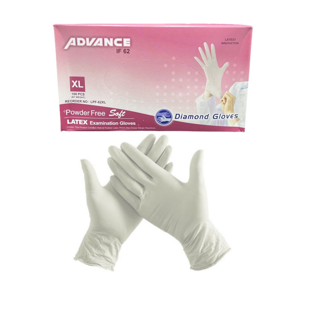 Diamond Gloves Advance IF-62 Disposable Latex Examination Gloves X-Large 100/Bx LPF-62XL - Powder-Free, Ambidextrous, Non-Sterile, 5.5Mil Thickness - Suitable for Medical, Dental, Home Care, Cleaning, Food Service, Cosmetics - High Protection Level.