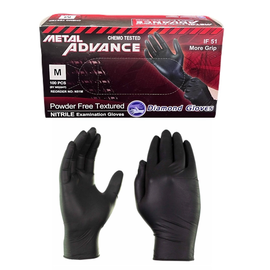 Elevate protection with Diamond Metal Advance IF-51 Nitrile Exam Gloves. Medium Black size, 100/Bx N51M, disposable, powder-free, textured for precision. Chemo tested, latex-free, 5 Mil thickness, heavy-duty nitrile for durability. Beaded cuff for strength, non-sterile. Ideal for healthcare applications.