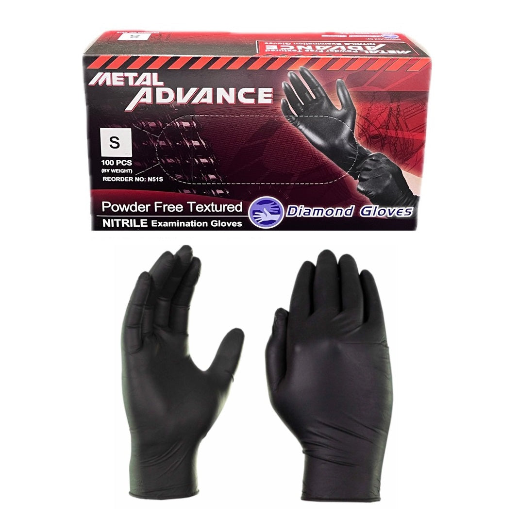 Enhance protection with Diamond Metal Advance IF-51 Nitrile Exam Gloves. Small Black size, 100/Bx N51S, disposable, powder-free, textured for precision. Chemo tested, latex-free, 5 Mil thickness, heavy-duty nitrile for durability. Beaded cuff for strength, non-sterile. Ideal for healthcare applications.