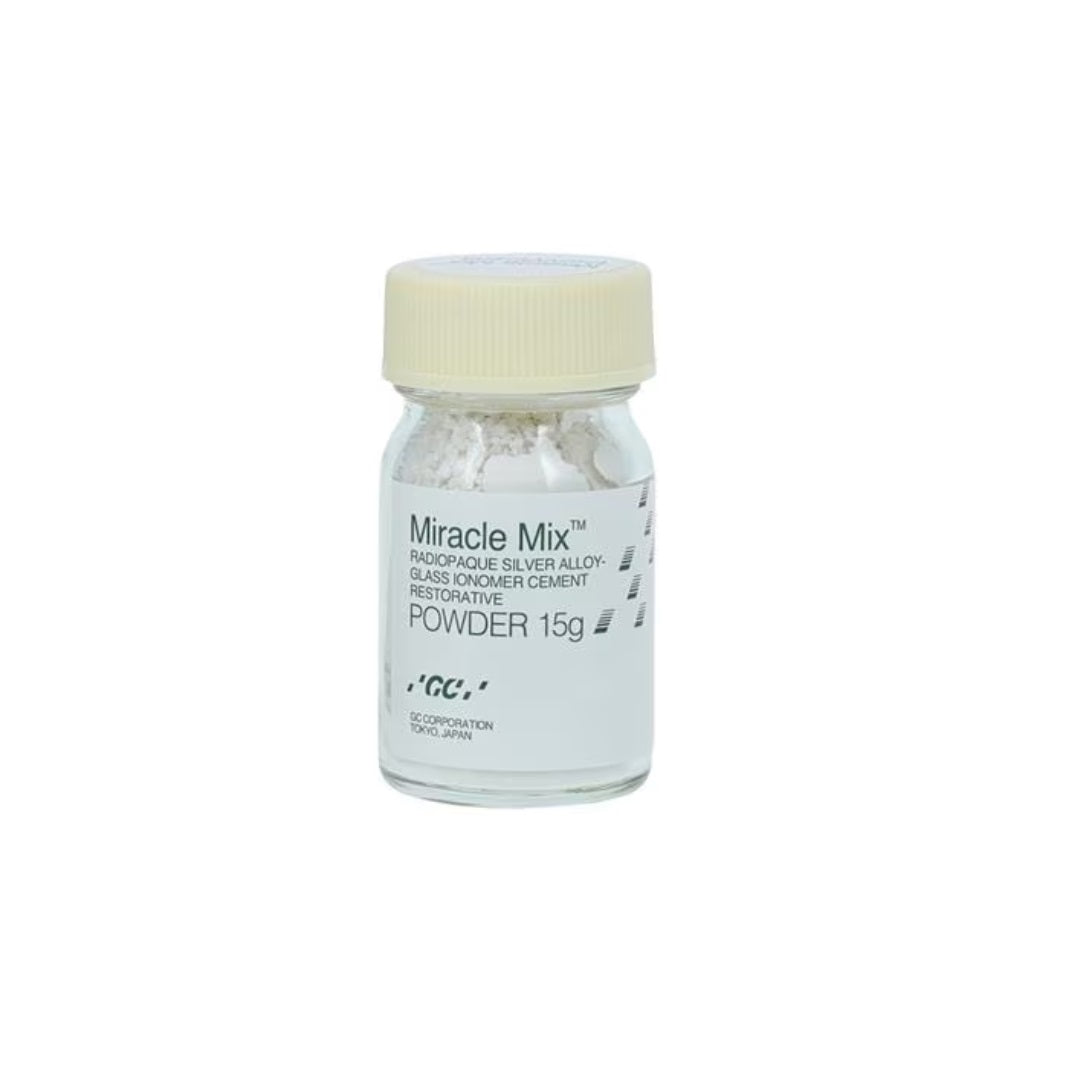 GC Miracle Mix Powder 15gm (000121) - Fluoride-releasing ionomer restorative for superior dental core build-up and transitional restorations. Metal-reinforced formula ensures strength, durability, and high radiopacity. Elevate your clinical performance with this versatile and reliable dental powder.