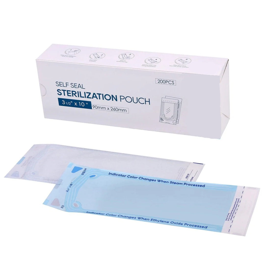 House Brand Self-Sealing Sterilization Pouches 3.5 x 10 Inches Autoclave 200/Bx, Dental Disposable Pouches, Air-Tight Seal, Steam Indicators for Safe Instrument Sterilization.