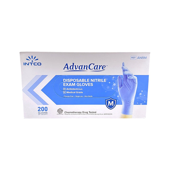 INTCO AdvanCare Disposable Nitrile Exam Gloves, Medical Grade, Ambidextrous, Powder-Free, Non-Sterile, Medium Size, 200 Gloves per Box, Chemotherapy Drug Tested, Latex-Free, Ideal for Medical, Dental, and Laboratory Use.