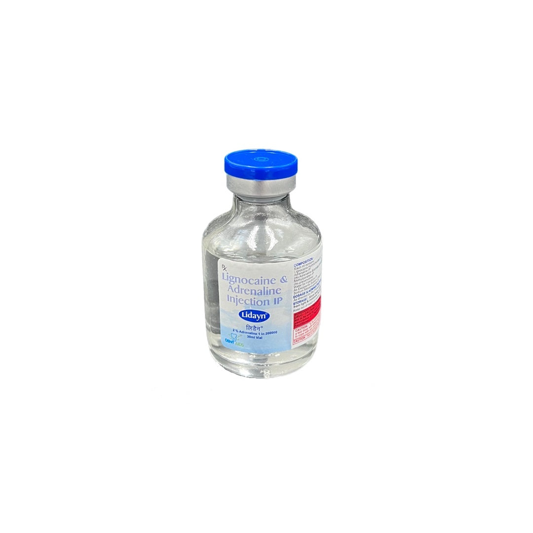 Lidayn Lignocaine HCI 2% Adrenaline Local Anesthetic Injection 1:200000 30mL Vial for dental procedures. Prolonged numbing effect. Ideal for intramuscular administration.