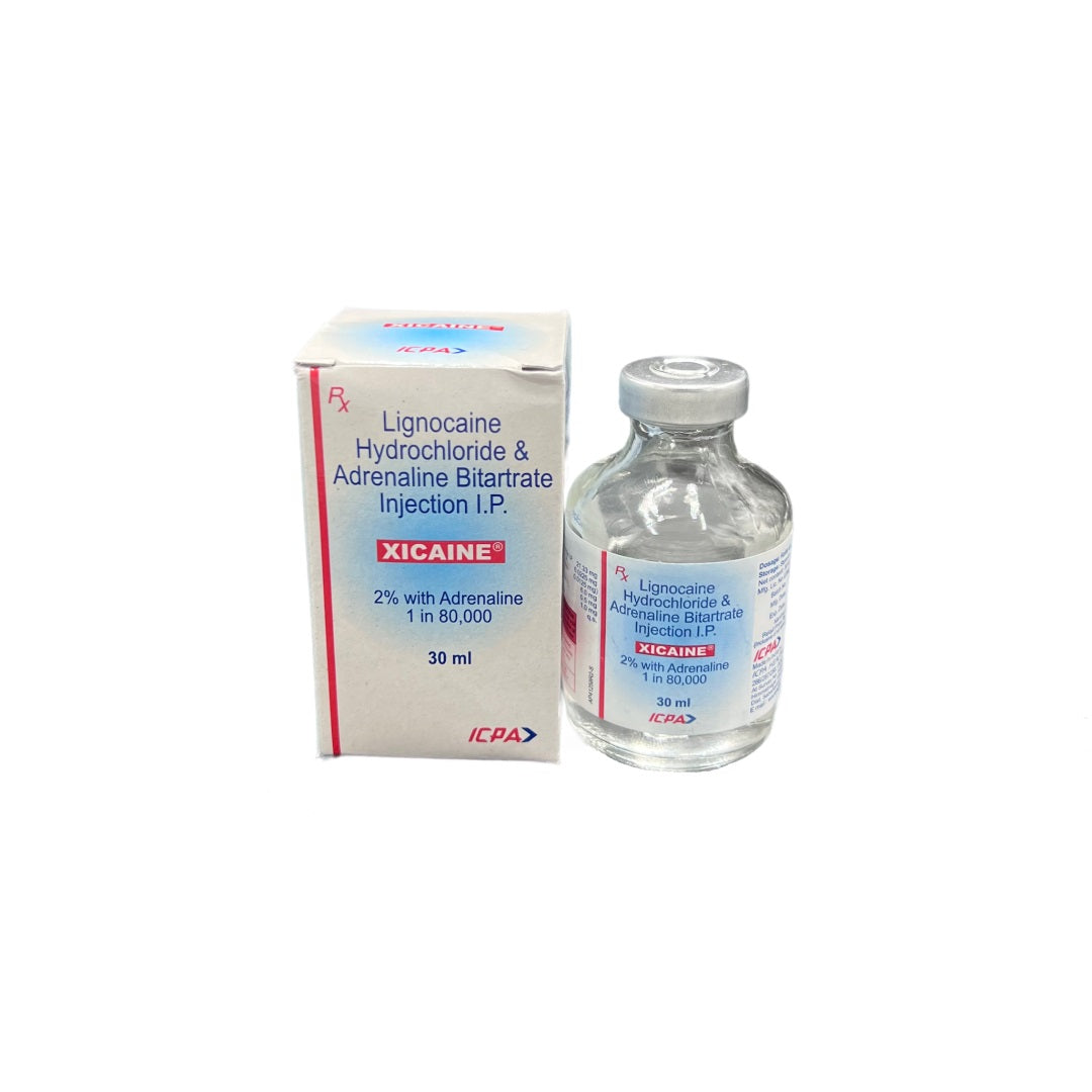 Xicaine Lignocaine HCL 2% Adrenaline Local Anesthetic Injection 1:80000 30mL Vial - Dental anesthetic for prolonged numbing. Intramuscular administration, 2% adrenaline for lasting relief.