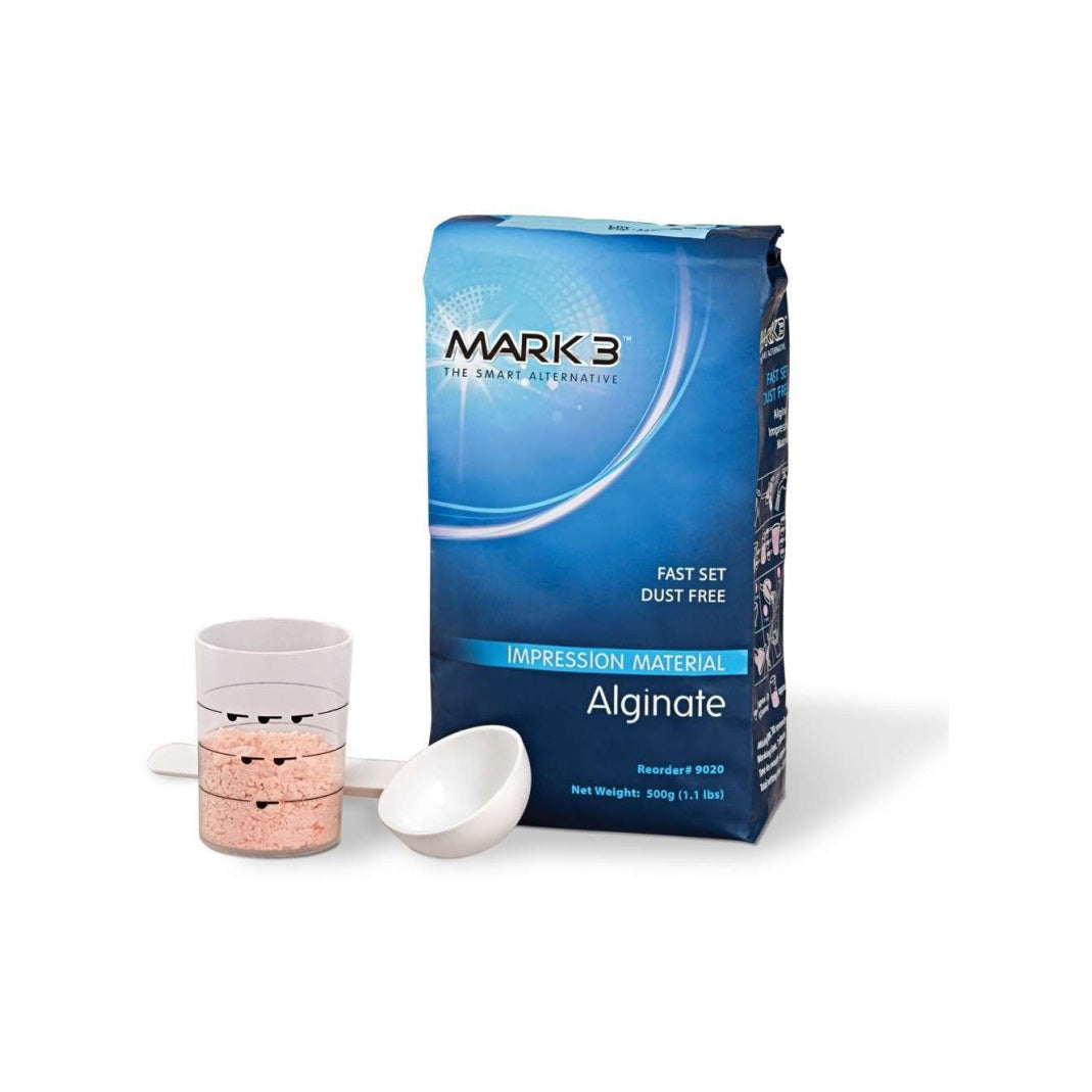 Elevate impressions with MARK3 Alginate Dustless Fast Set 9020. Dust-free, fast-setting, high-tear strength alginate for precise dental molds. Ideal for study casts, provisionals, and orthodontic applications.