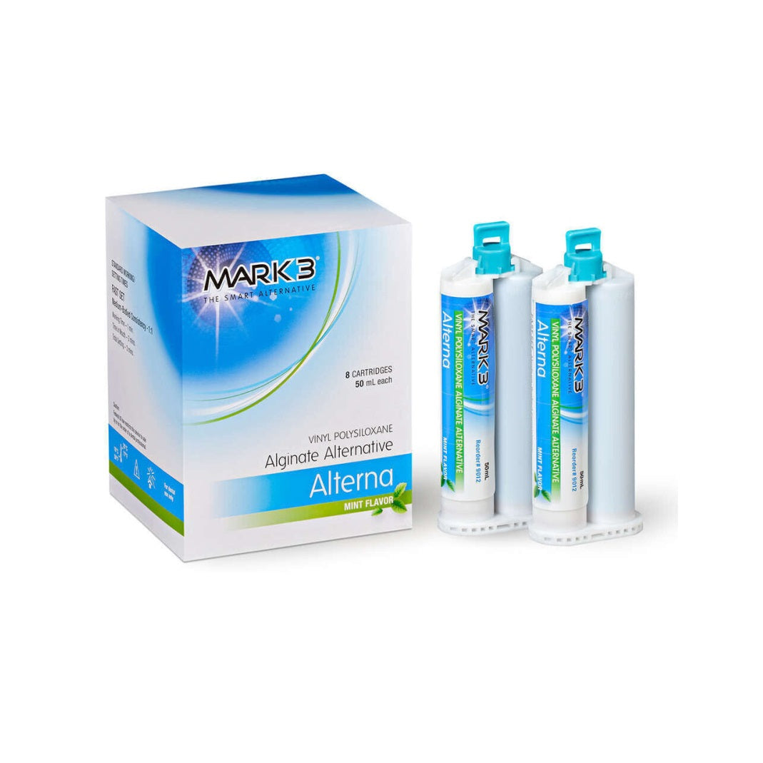 MARK3 Alterna Alginate Alternative VPS Fast Set Mint 8 x 50mL 9012: Mint-flavored, fast-setting VPS dental impression material. Ideal for precise impressions, orthodontics, and temporary restorations. Outstanding dimensional stability, easy mixing in 50ml cartridges. Repourable, non-sticky, and thixotropic for optimal results in dental models. Elevate your practice with this versatile and patient-friendly alginate alternative.