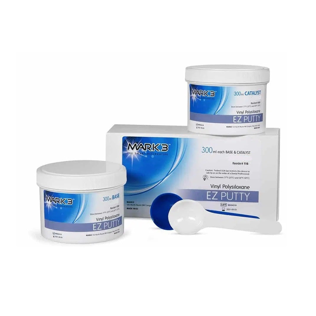 MARK3 EZ VPS Putty Fast Set 1161 - Fast-setting vinyl polysiloxane impression material for accurate dental impressions. Ideal for crowns, bridges, implants, and orthodontics. Precise detail reproduction and dimensional stability. Kit includes 300ml base and 300ml catalyst jars.