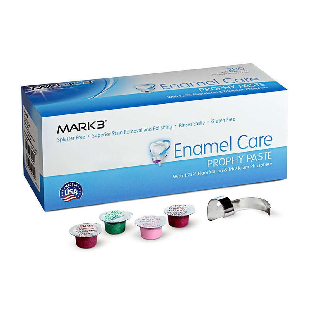 Elevate Dental Cleaning with MARK3 Enamel Care Prophy Paste - Coarse Grit Cherry Flavor 1562. 1.23% Fluoride Ion and TPC for Superior Remineralization. Advanced Stain Removal and Splatter-Free. Ideal for Hygienists and Dental Professionals.