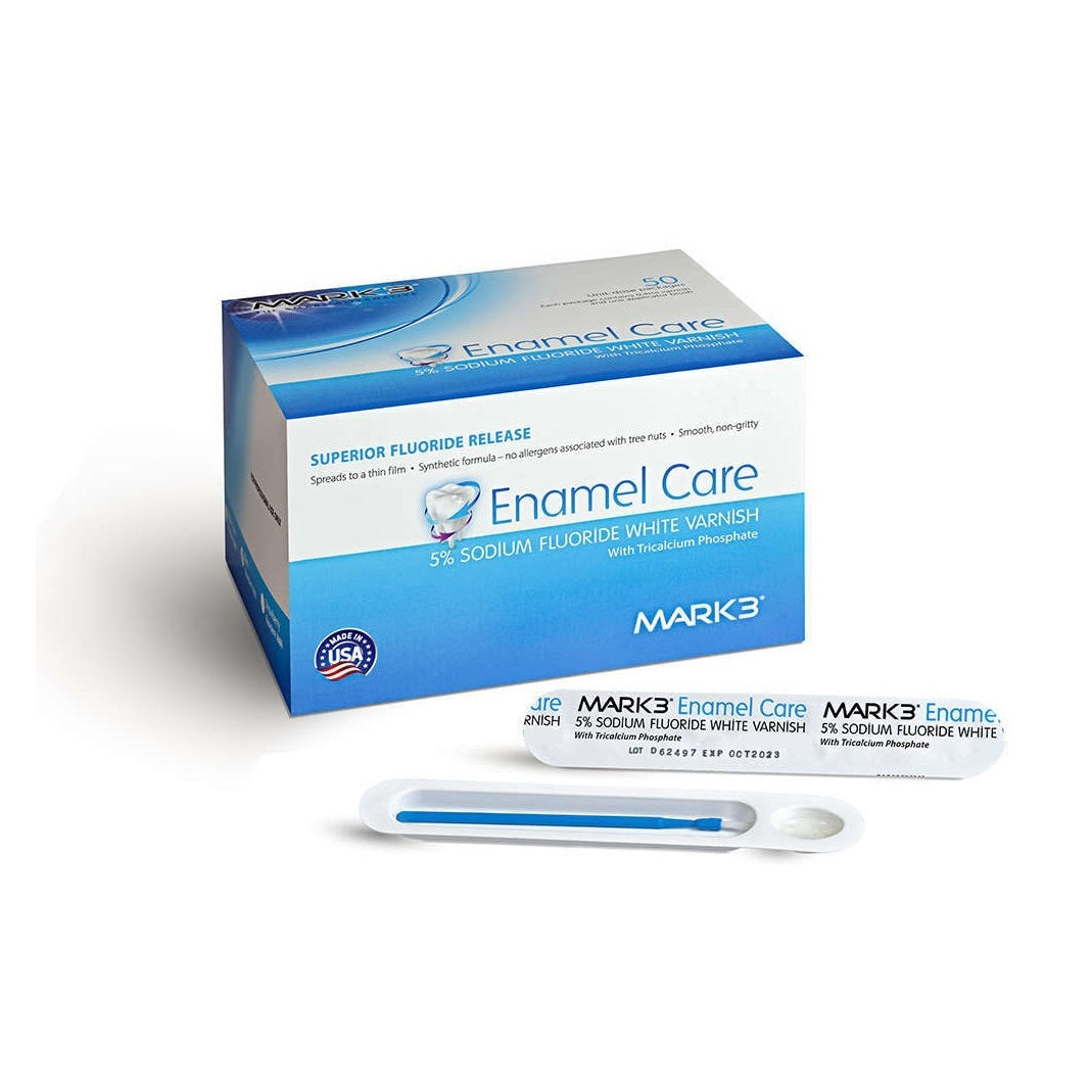 MARK3 Enamel Care Varnish with Tri-Calcium Phosphate 1681, Xylitol, and 2.26% Fluoride Ion for remineralization and dentin hypersensitivity treatment. Caramel-flavored, natural enamel color, in 50 Unidose packages. Ideal for caries prevention and arresting early enamel and dentine caries.