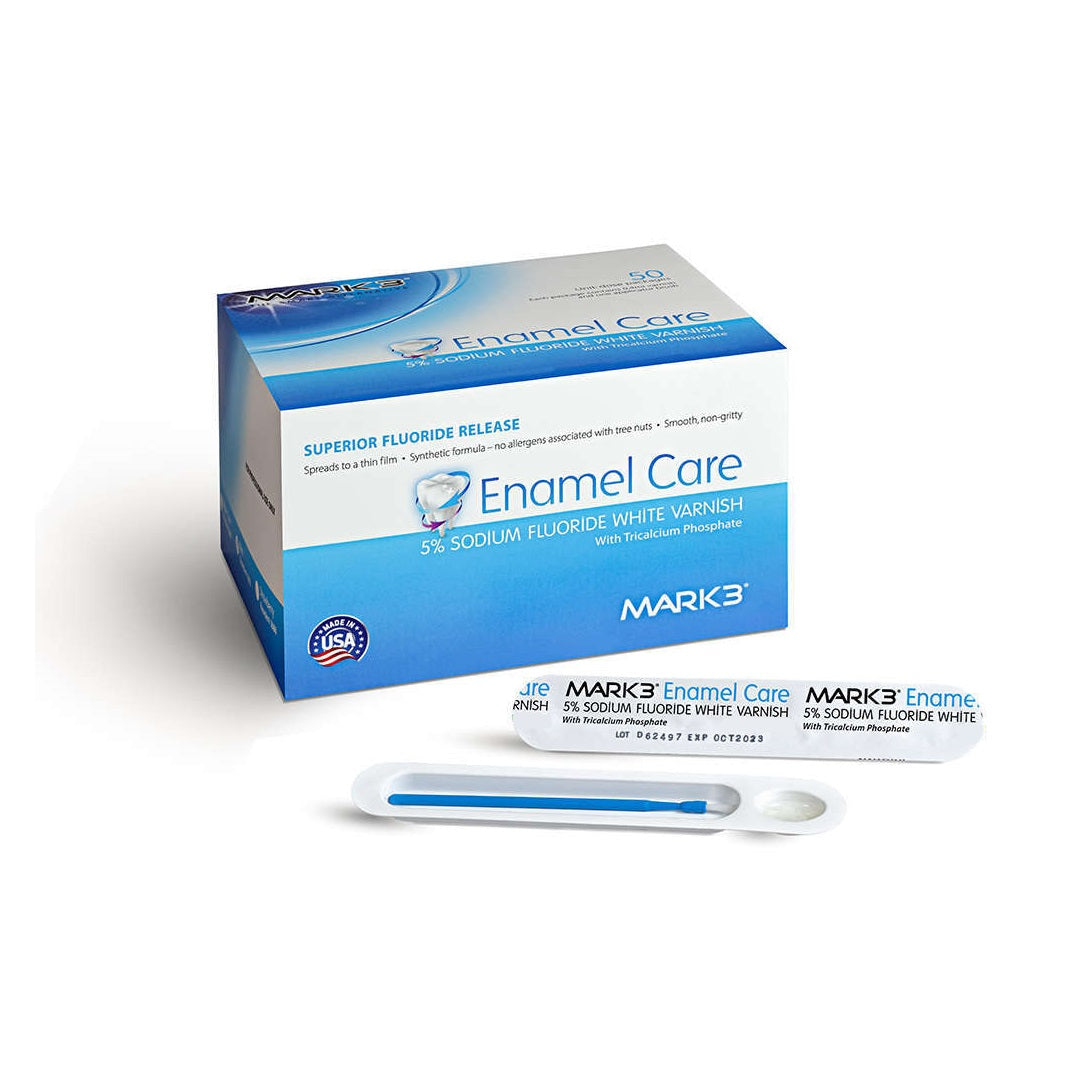 Discover superior dental care with MARK3 Enamel Care Varnish (5% Sodium Fluoride with TCP, Strawberry Flavor, 1686). Convenient Unidose packages for precise application. Treats dentin hypersensitivity, prevents caries with 2.26% fluoride ion, xylitol, and Tri-Calcium Phosphate. Delightful strawberry flavor for a positive patient experience. Elevate your practice with MARK3.