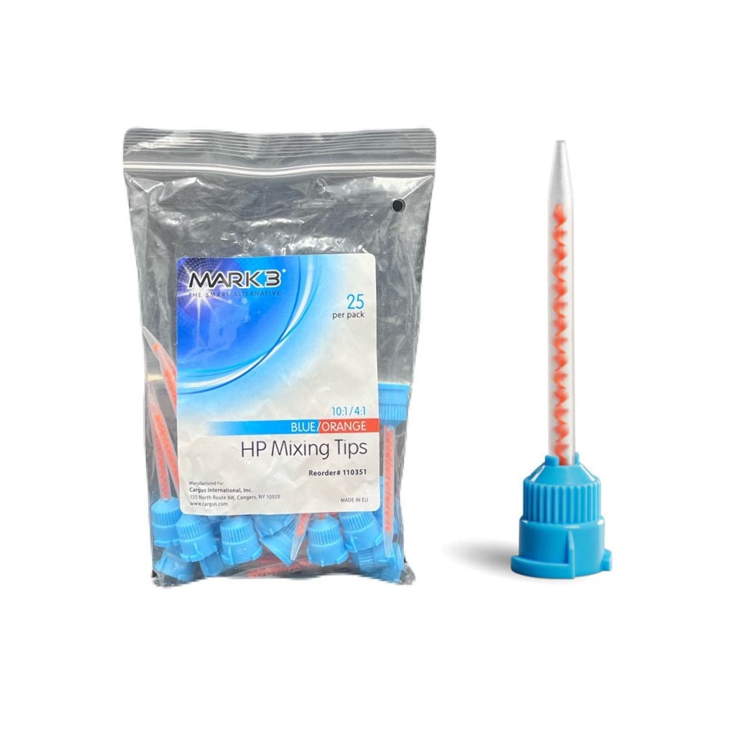 MARK3 HP Mixing Tips Blue/Orange C&B 10:1/4:1 (110351) - Pack of 25 high-performance crown and bridge mix tips. Safe, clean, and pressure-resistant design for precise dosing. Ideal for high-viscosity materials. Elevate your dental procedures with these color-coded, versatile mixing tips.