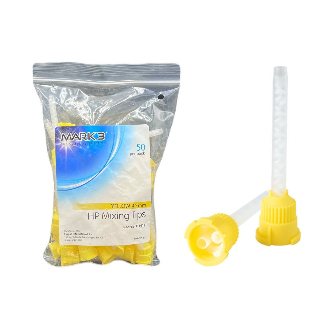 MARK3 HP Mixing Tips Yellow 4.2mm 50/Pk (1412) - Precise and efficient mixing for HP style 50ml impression material cartridges. Color-coded, pressure-resistant, and suitable for high-viscosity materials. Achieve optimal results with this pack of 50 tips.