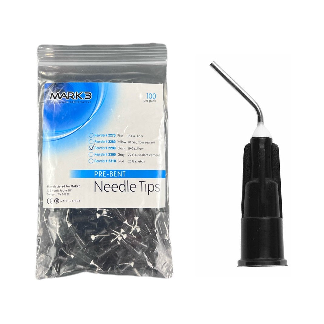 MARK3 Pre-Bent Disposable Needle Applicator Flow Tips - 19ga Black 2290. Versatile 100/Pk set for dispensing etchants, resins, and flowable composites. Ensure accuracy and safety in dental procedures with these disposable and pre-bent applicator tips.