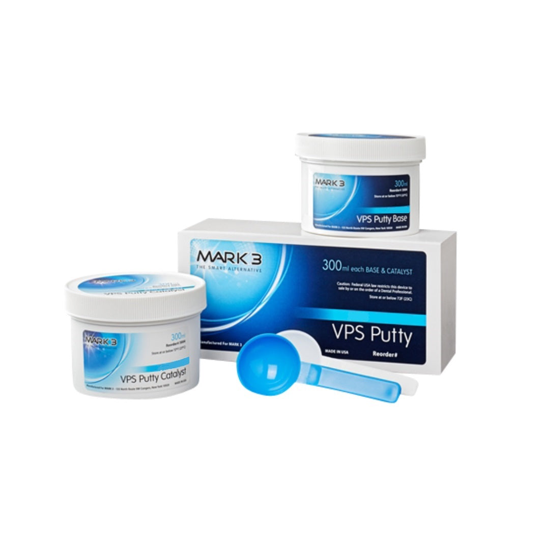 MARK3 VPS Putty Impression Material Fast Set 3005 - Efficient and precise dental impressions with a fast 1:00 min work time and 3:00 min set time. Ideal for crowns, bridges, implants, and orthodontics. Color-coded scoops for easy mixing.