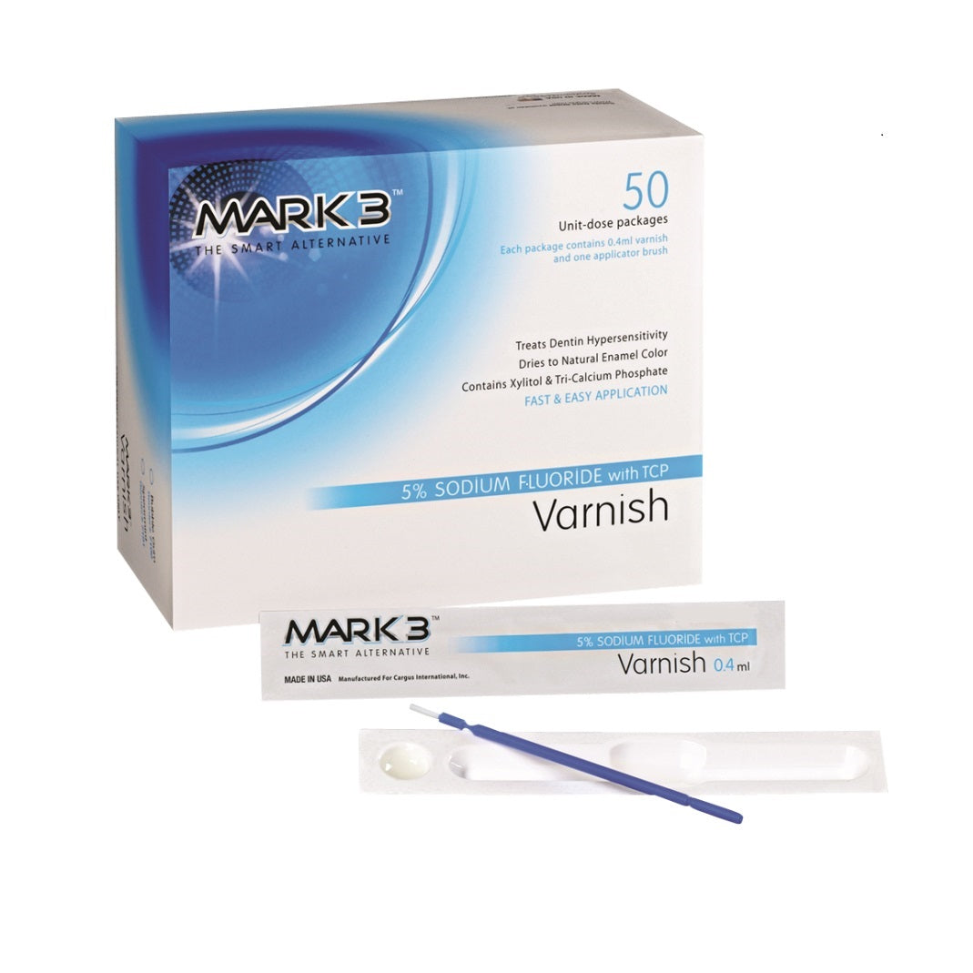 MARK3 Varnish 5% Sodium Fluoride with TCP, Caramel Flavor, 7102 - Prevent caries, treat hypersensitivity, and promote remineralization. Convenient Unidose packages with 50 varnish units and applicator brushes. Enjoy the delightful caramel flavor. Choose MARK3 for superior dental care.