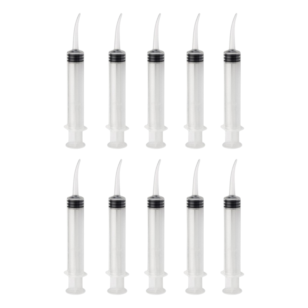 Dental utility irrigation syringes 12cc curved tip non sterile autoclavable latex free