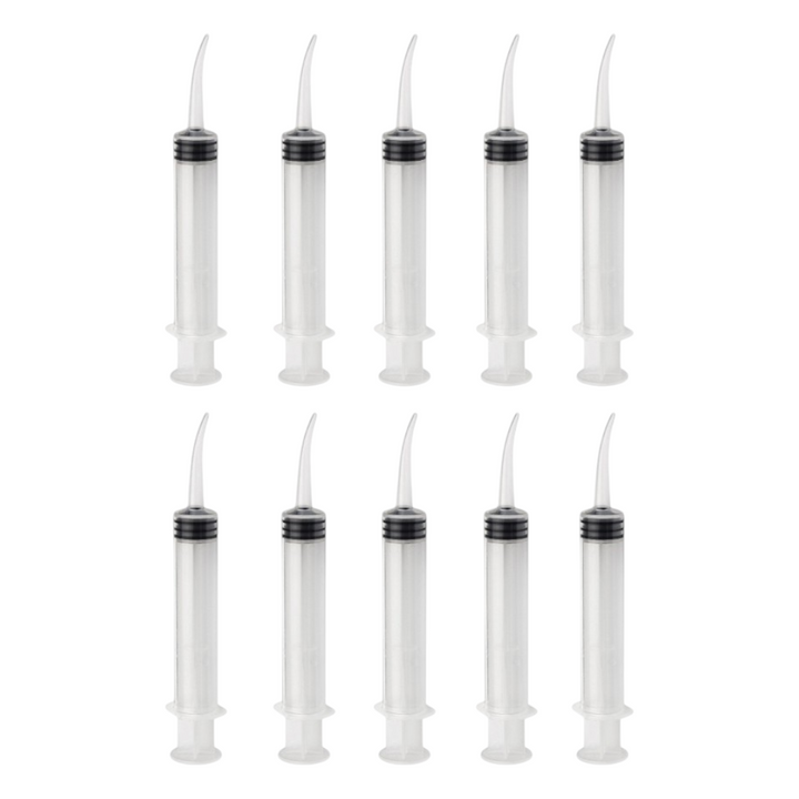 Dental utility irrigation syringes 12cc curved tip non sterile autoclavable latex free
