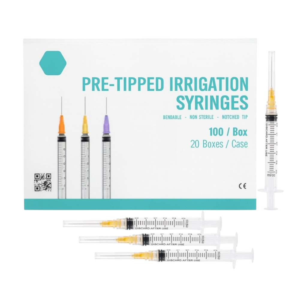Madrid Dental Choice 3cc endo irrigation syringes with 25Ga 27Ga 30Ga needle tips 100 box orange
