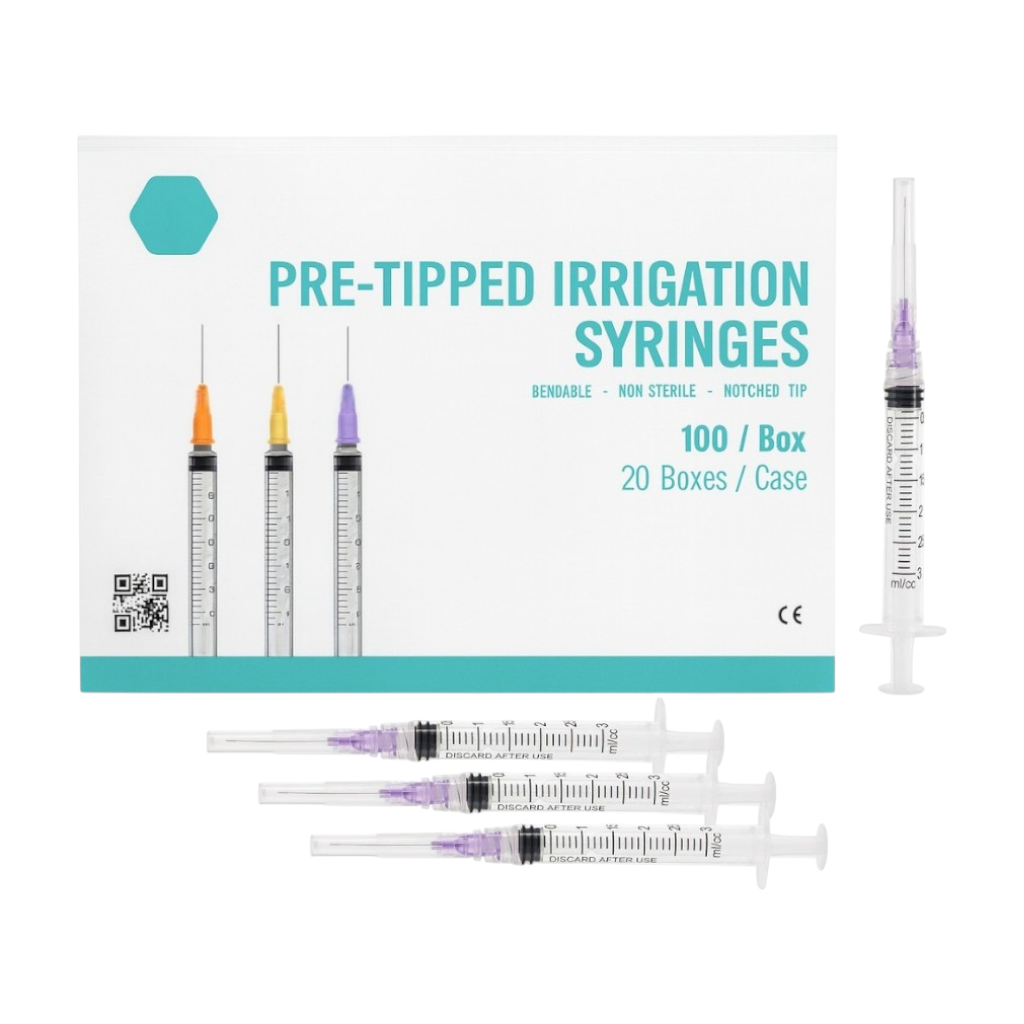 Madrid Dental Choice 3cc endo irrigation syringes with 25Ga 27Ga 30Ga needle tips 100 box purple