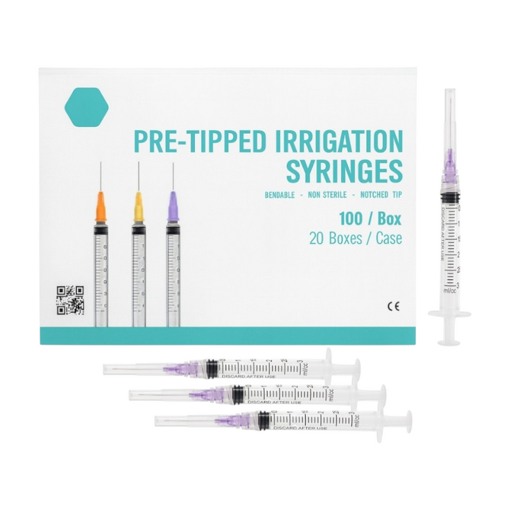 Madrid Dental Choice 3cc endo irrigation syringes with 25Ga 27Ga 30Ga needle tips 100 box purple