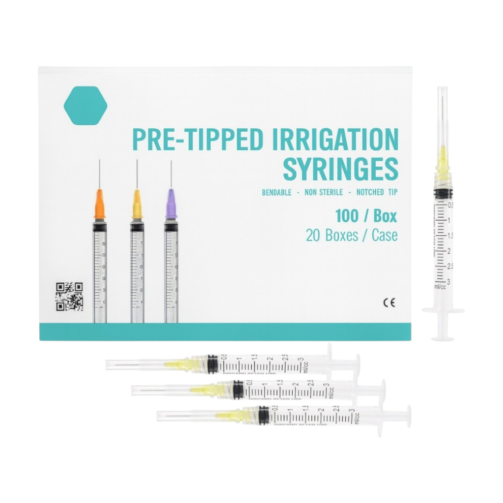 Madrid Dental Choice 3cc endo irrigation syringes with 25Ga 27Ga 30Ga needle tips 100 box yellow