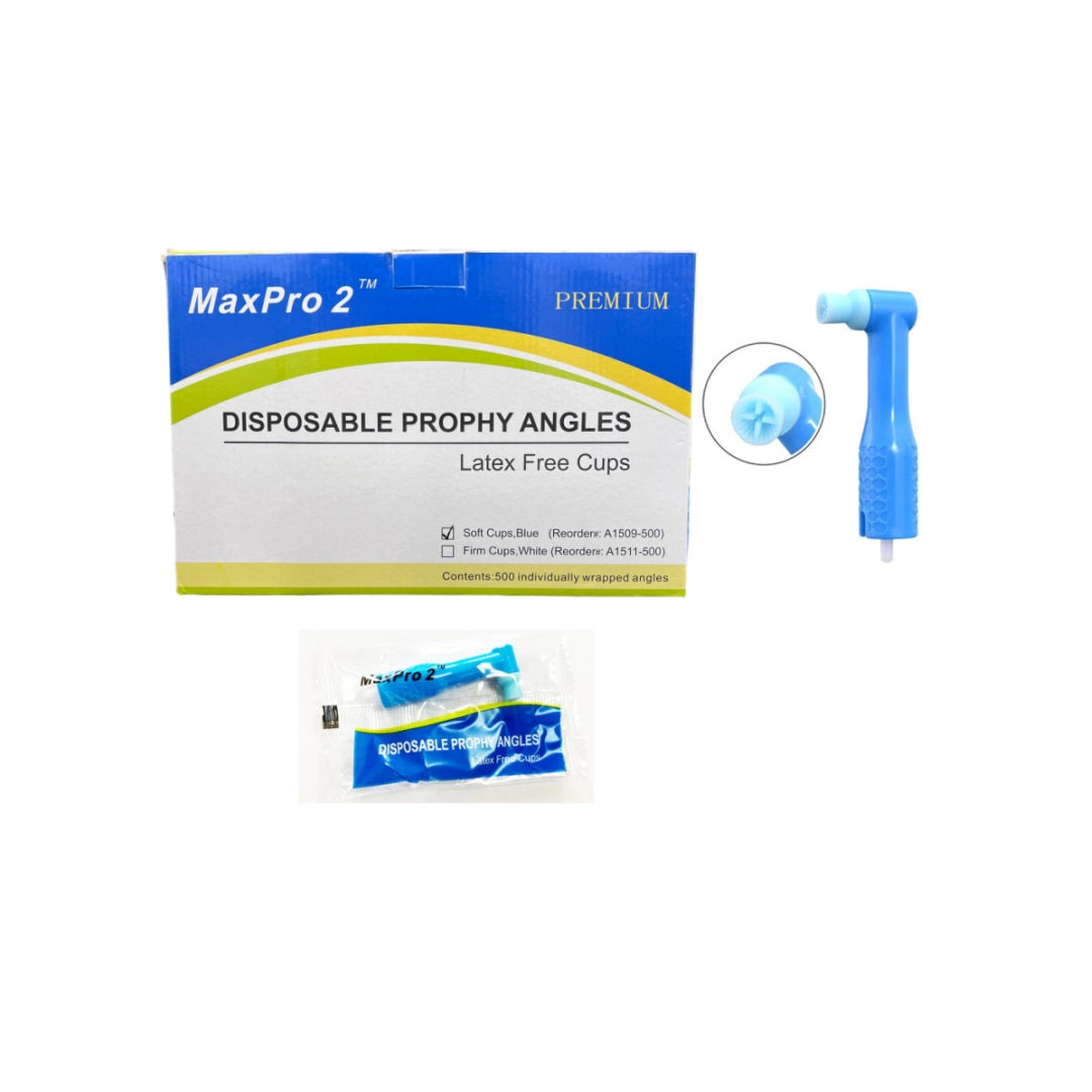 MaxPro 2 Disposable Prophy Angles Blue 500/Bx - Soft Cups, Noise-Reducing Technology, Latex-Free. Ideal for dental prophylaxis.