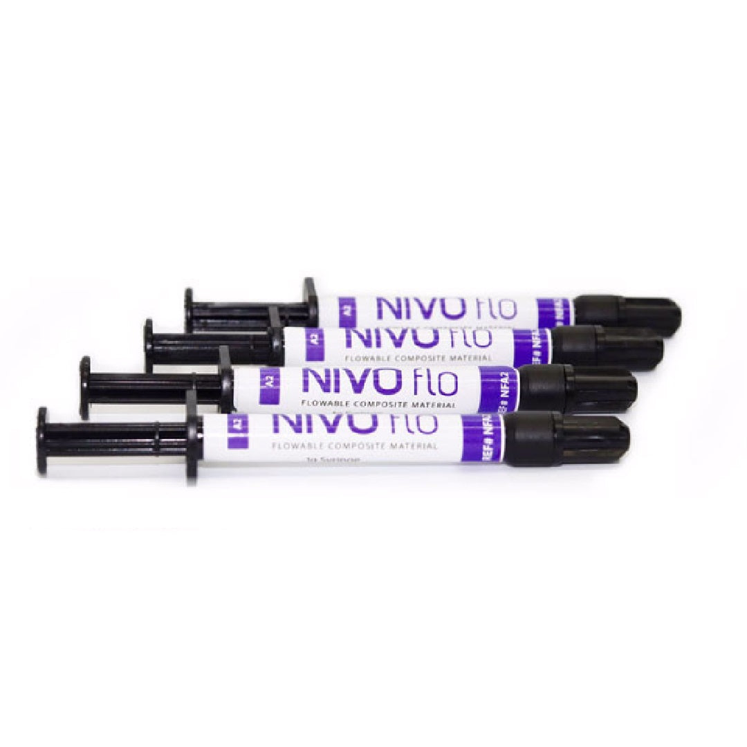 Nivo Flowable Composite Material A2, 1.2g Syringe 4/Pk, Dental Flowable Composite, Light Cure, Fluoride-Releasing, Radiopaque, Shade A2, Hybrid Resin Restorative.