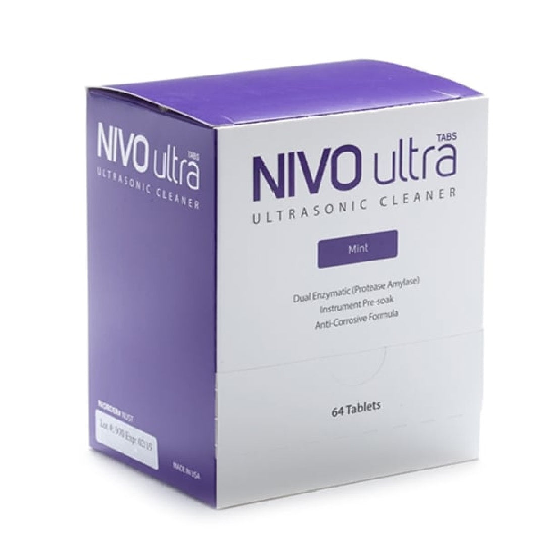 Nivo Ultra Tabs Ultrasonic Dual Enzymatic Cleaning Tablets 64/Bx, Dental Instrument Cleaner, Biodegradable, Anti-Corrosive, Fresh Mint Scent.