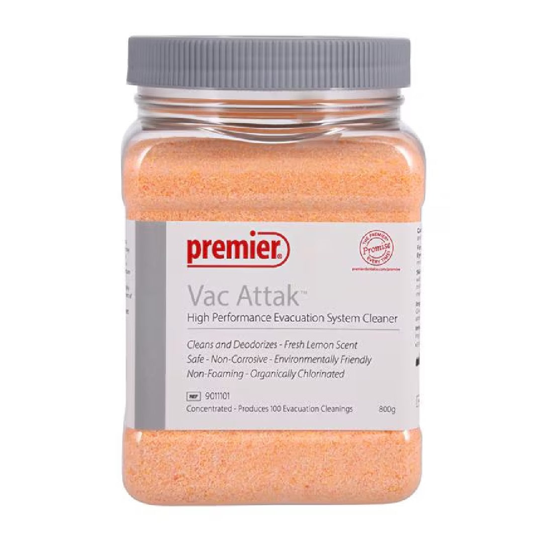 Premier Vac Attak Evacuation System Cleaner Powder 800g Jar 9011101, Dental Evacuation Cleaner, High-Performance Powder Cleaner, Non-Corrosive, Lemon Scent, Safe for All Pumps.