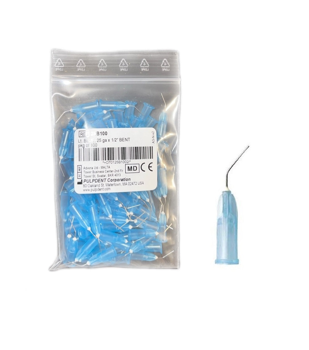 Pulpdent Pre-Bent Dispenser Tips 25-gauge Light Blue 100/Pk 25B100 - Dental Precision Tips for Accurate Material Dispensing