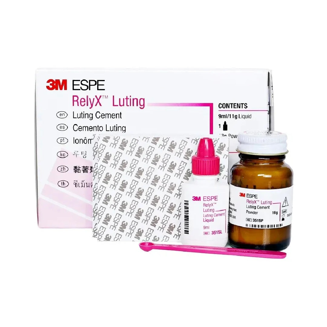 3M ESPE RelyX Luting Cement Powder & Liquid Kit 3515 - Dental hybrid glass ionomer cement for permanent bonding. Easy clean-up, fast set, fluoride release, no sensitivity. Kit includes powder, liquid, and mixing pad.
