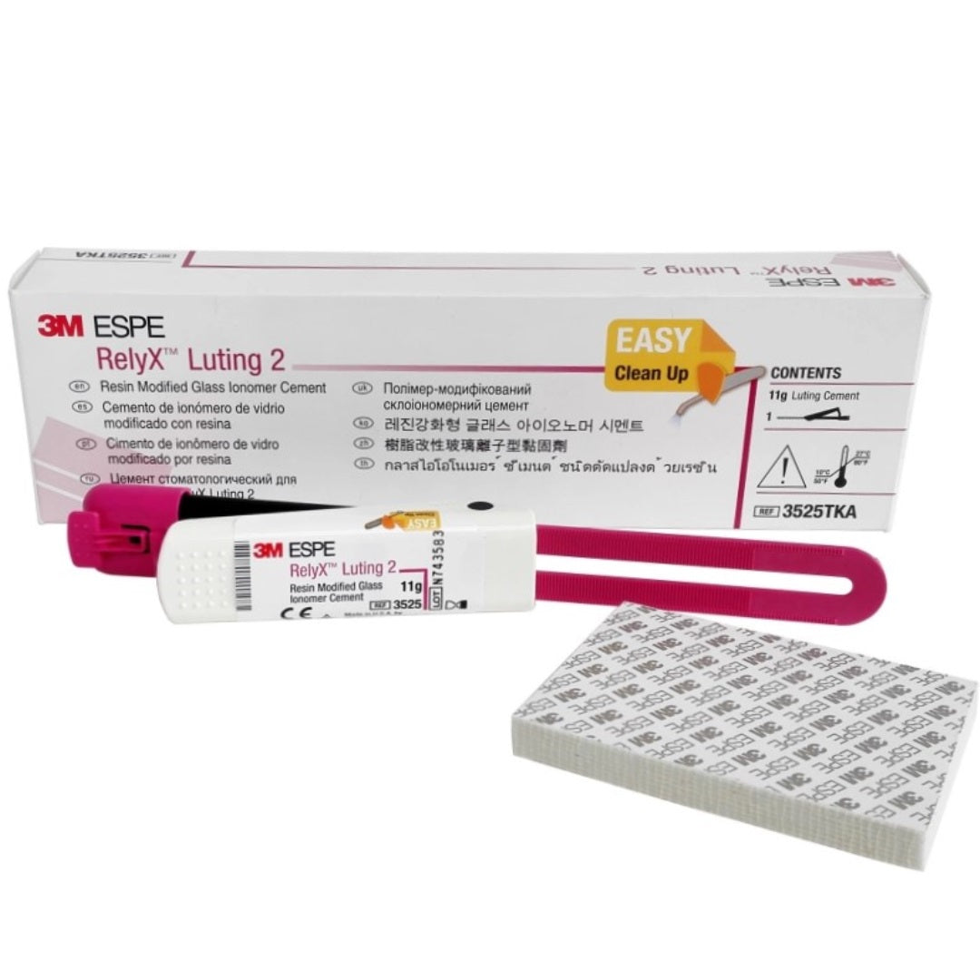 3M ESPE RelyX Luting 2 Resin Modified Glass Ionomer Cement 11g Clicker 3525TKA. Dental luting cement for permanent restoration cementation. Self-curing, radiopaque, suitable for metal, PFM, and all-ceramic restorations. Convenient 11g dispenser.