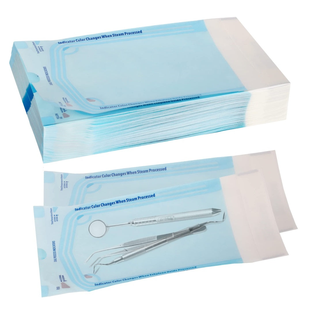 Self-Sealing Sterilization Pouches, 3.5" x 10" (3.5" x 9), Disposable Blue Autoclave Bags 200/Bx. Dental, Medical, Tattoo Instruments. Color Change Indicators. Resistant Material. Ensure Hygienic Practices.